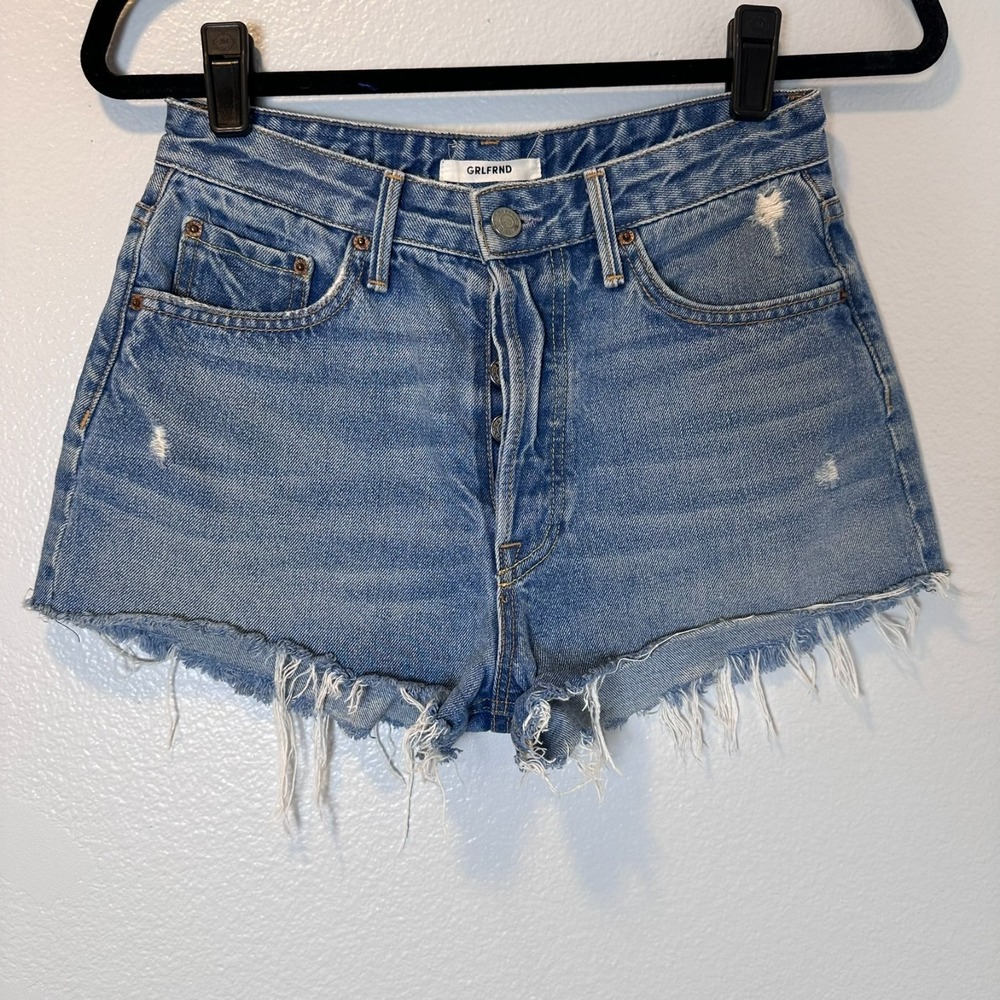 GRLFRND Womens-26‎ Short Blue Denim CINDY Distressed Raw Hem Button Fly Made USA